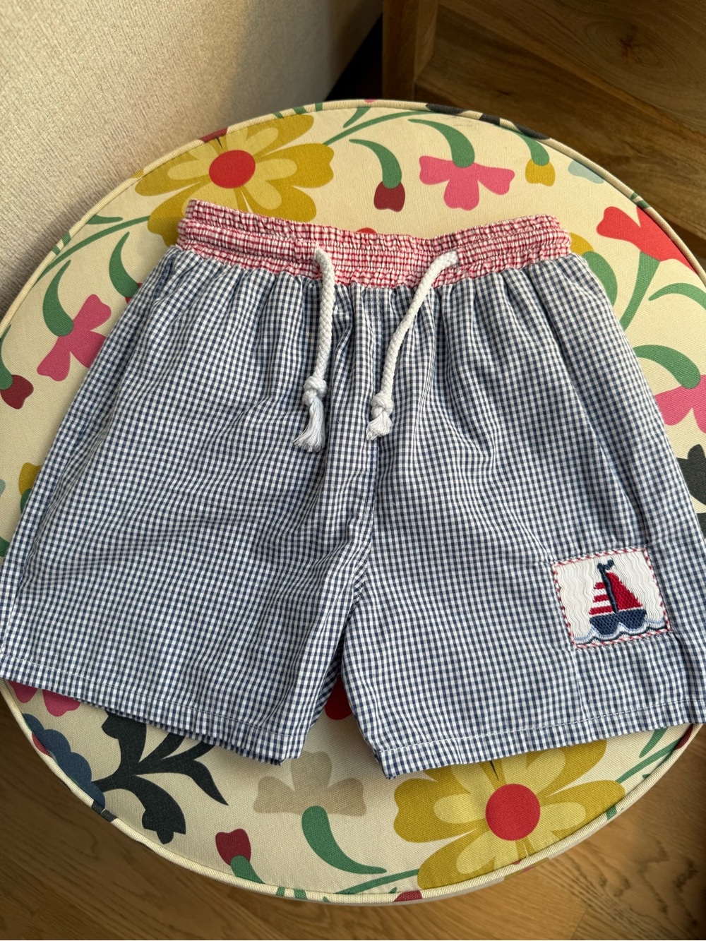 Vintage Silly Goose Boys Gingham Sailboat Smocked Swim Trunks Lined - Size 4